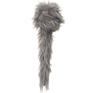 Gray furry toy with a long tail on a white background