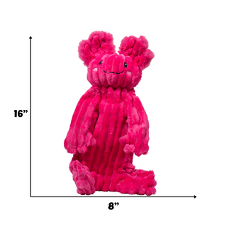 Pink plush axolotl toy with measurements on a white background
