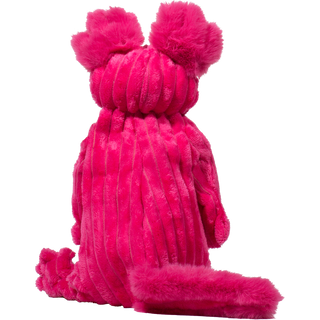 Back of large magenta Axolotl plush dog toy. Has two ears, arms, legs, and also a fluffy tail. 
