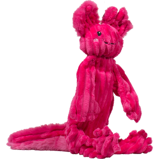 Large Axolotl shaped plush dog toy. Has bright magenta fur, with black eyes, white pupils, two ears, two arms, and legs. With a durable rope knotted skeleton. 