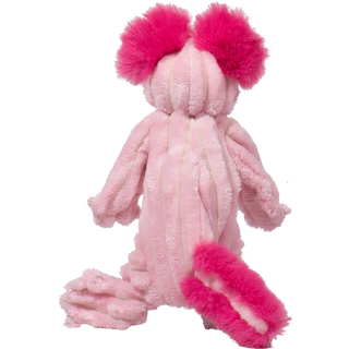 Back of light-pink furred axolotl plush dog toy. Has dark pink outer-ear, light pink back of head, body, arms, and legs, with a light pink tail and dark pink outer tail.