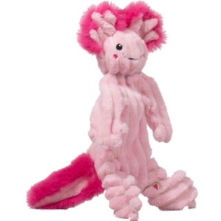 Small Axolotl plush dog toy. Has light-pink fur body, with dark pink furred outer-ear, dark pink rose cheeks, black eyes, white pupils, and a nice smile. 