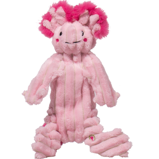 Small Axolotl plush dog toy. Has light-pink fur body, with dark pink furred outer-ear, dark pink rose cheeks, black eyes, white pupils, and a nice smile. 