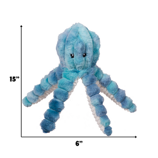 Blue plush octopus toy with measurements on a white background