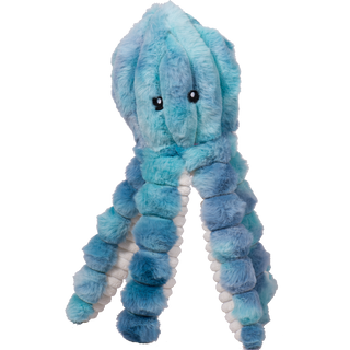 Octopus shaped plush dog toy : Has blue fluffy skin, black eyes, white pupils, with white inner-tenticles. Inside the octopus has a durable rope skeleton body built for hours of play. 