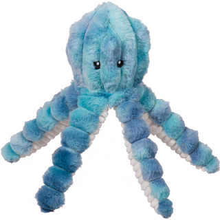 Octopus shaped plush dog toy : Has blue fluffy skin, black eyes, white pupils, with white inner-tenticles. Inside the octopus has a durable rope skeleton body built for hours of play. 