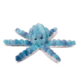 Octopus shaped plush dog toy : Has blue fluffy skin, black eyes, white pupils, with white inner-tenticles. Inside the octopus has a durable rope skeleton body built for hours of play. 