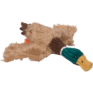 Duck shaped durable and plush dog toy. Has light-brown furred body, brown neck, green furred face, and a yellow beak. Alongside a rope knotted tough and durable skeleton. 