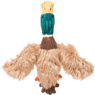 Top view of duck shaped durable and plush dog toy. Has light-brown furred body, brown neck, green furred face, and a yellow beak. Alongside a rope knotted tough and durable skeleton. 