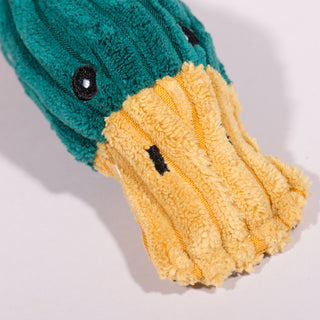 Close up ducks face on duck shaped plush dog toy. Has green head, black eyes, white pupils, yellow beak, and black nostrils. 
