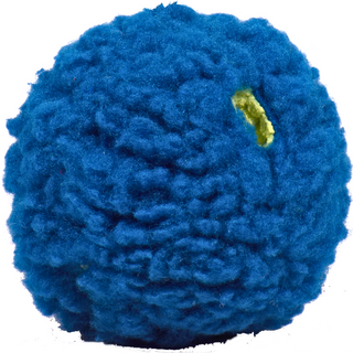 Side view of the small blue treat-trapper ball, showing one of the three green holes designed to hide treats inside for your dog to discover.
