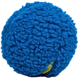 Treat-trapper ball, showing off the blue fluffy exterior of the ball. 