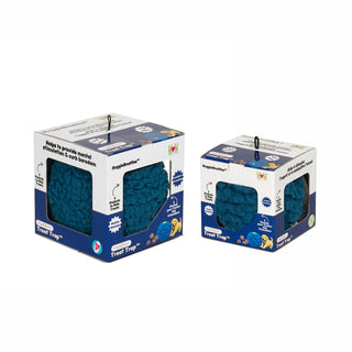 Two boxes of blue pet treats with visible branding on a white background