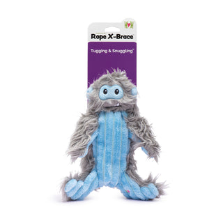 Small Snobro snowman dog toy displayed in retail packaging labeled Rope X-Brace Tugging & Snuggling™
