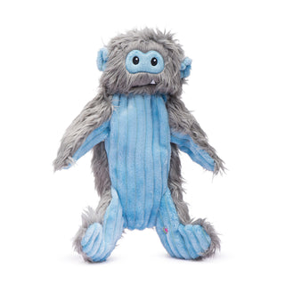 Front view of Snobro snowman dog toy, large size, showcasing icy blue corduroy body and shaggy faux-fur arms and legs.
