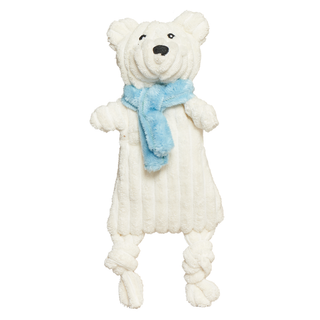 A white plush polar bear dog toy with a light blue scarf, featuring a textured, ribbed body and knotted paws and legs, isolated on a white background.
