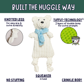 A plush bear-shaped dog toy with knotted legs and a blue scarf, shown on a white background with marketing text and feature callouts including 'Built the Huggle Way,' 'Knotted Legs,' 'TuffTut-Technology,' 'No Stuffing,' 'Squeaker in head,' and 'Crinkle Body.'.