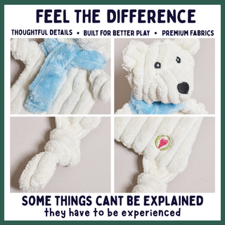 A promotional collage for a plush white bear-shaped dog toy with a blue collar and black nose, shown in four panels with marketing text: 'FEEL THE DIFFERENCE' and 'SOME THINGS CAN'T BE EXPLAINED THEY HAVE TO BE EXPERIENCED.'.