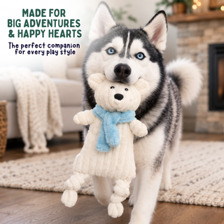 A husky dog holds a plush teddy bear toy with a knitted cream dress and light blue scarf in its mouth while standing on a rug in a cozy living room. Text in the upper left reads, 'MADE FOR BIG ADVENTURES & HAPPY HEARTS The perfect companion for every play style.