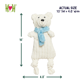 A plush bear-shaped dog toy with a light blue scarf, shown on a white background with measurement arrows and text indicating actual size as 10 inches tall by 4.8 inches wide.