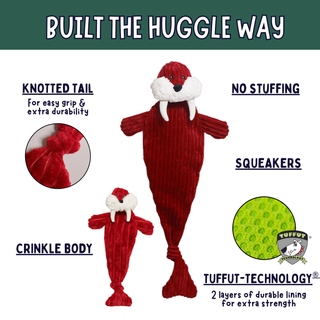 A dog toy walrus dark red corduroy with white faux fur around the snout and tusks, shown on a white background with marketing callouts and inset detail photos. Text includes 'BUILT THE HUGGLE WAY,' 'KNOTTED TAIL,' 'NO STUFFING,' 'CRINKLE BODY,' 'SQUEAKERS,' and 'TUFFUT-TECHNOLOGY.