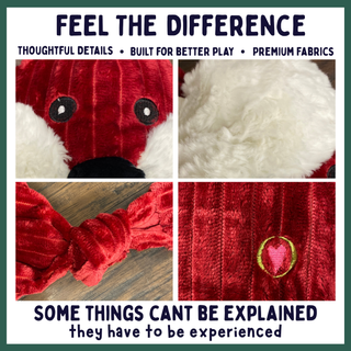 A four-panel promotional collage for a red plush toy or pet accessory, showing close-up views of its face with white fur, a knotted tail, and a small embroidered heart detail. Large text at the top reads 'FEEL THE DIFFERENCE' and the bottom text says 'SOME THINGS CAN'T BE EXPLAINED they have to be experienced.