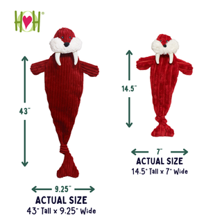A red walrus toy with a white snout, black nose, and white tusks shown on a white background with dimension arrows and text indicating its actual size as 43 inches tall by 9.25 inches wide.