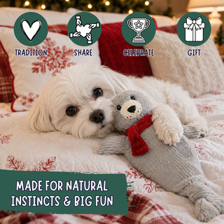 A small white dog lies on a bed with holiday pillows, holding a plush gray seal toy with a red scarf. Four dark green icons at the top read Tradition, Share, Celebrate, and Gift, and a teal banner at the bottom says Made for Natural Instincts & Big Fun.