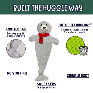 A plush seal-shaped dog toy with a red scarf on a white background, surrounded by feature callouts and inset circles reading 'Built the Huggle Way,' 'Knotted Tail,' 'Tuffut-Technology,' 'No Stuffing,' 'Squeakers in head and arms,' and 'Crinkle Body.'.