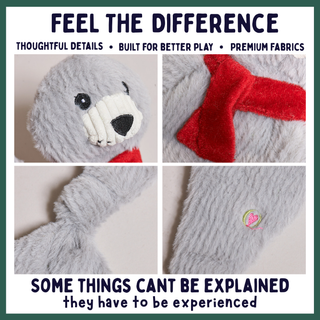 A promotional collage for a plush toy, showing four close-up panels of a gray furry bear or seal character with a red bow, black nose, and embroidered details. Large text at the top reads 'FEEL THE DIFFERENCE' and the bottom text reads 'SOME THINGS CAN'T BE EXPLAINED they have to be experienced.
