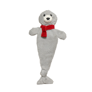 A plush seal toy in light gray with a bright red scarf, photographed against a plain white background.