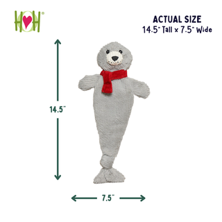 A plush seal toy with a red scarf on a white background, with measurement arrows and text showing actual size as 14.5 tall by 7.
