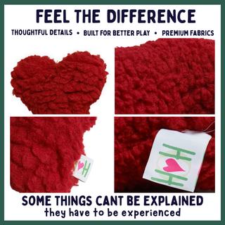 A four-panel promotional collage for a red textured heart-shaped cushion or pillow. The top-left panel shows the cushion shaped like a heart, while the other panels show close-up fabric texture and a small sewn tag with a heart logo.