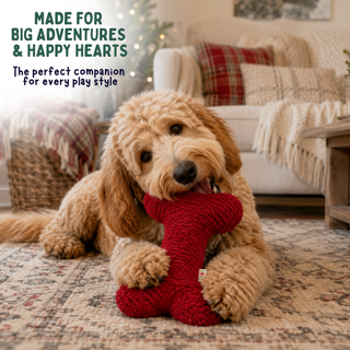 A golden doodle dog lying on a patterned rug in a cozy living room, holding a red knitted bone-shaped dog toy in its mouth. Text in the upper left reads, 'MADE FOR BIG ADVENTURES & HAPPY HEARTS The perfect companion for every play style.