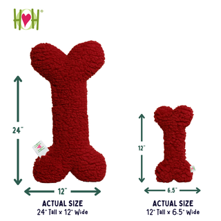 Two red bone-shaped plush dog toys shown on a white background with dimension arrows and text indicating actual sizes: one 24 x 12 inches and one 12 x 6.5 inches.