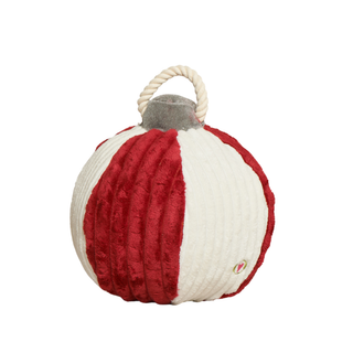 A red and white striped plush ball dog toy with a gray top cap and a white rope handle, shown on a solid white background.