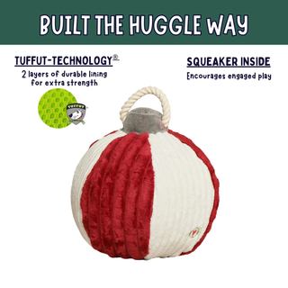 A red and white striped plush dog toy with a rope handle, shown on a white background with marketing text and a small green circular inset.