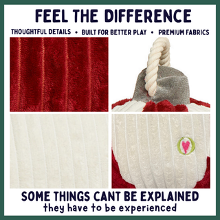 A promotional collage for a plush dog toy showing close-up texture panels of red and off-white ribbed fabric, plus a partial view of the toy with a rope handle and embroidered heart. Large text reads 'FEEL THE DIFFERENCE' and 'SOME THINGS CAN'T BE EXPLAINED they have to be experienced.