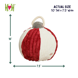 HOH brand pet toy ball in red and white textured fabric with a rope handle, shown with dimension arrows indicating 10 inches tall by 7.5 inches wide on a white background.