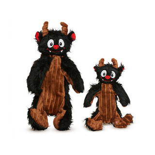 Two black and brown monster plush toys with red accents and small horns, shown on a plain white background.