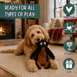 A fluffy tan dog lies on a beige rug in a cozy living room, holding a plush bat toy. The scene includes promotional text reading 'READY FOR ALL TYPES OF PLAY' and four circular icons labeled Tradition, Share, Celebrate, and Gift.