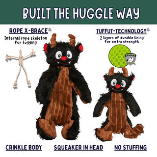 A promotional product graphic for a black-and-brown monster plush toy with text callouts reading 'Built the Huggle Way,' 'Rope X-Brace' showing a rope skeleton, 'Tuff-Tech Technology' with a green circular inset, and feature labels 'Crinkle Body,' 'Squeaker in Head,' and 'No Stuffing.'.