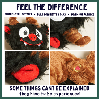 A four-panel promotional collage for a plush monster toy. The top text reads 'FEEL THE DIFFERENCE' with marketing copy about thoughtful details, built for better play, and premium fabrics.