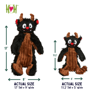 Two black and brown monster plush toys shown on a white background with size arrows and text indicating actual sizes: one 17-inch tall by 9-inch wide, and one 11.2-inch tall by 5-inch wide.