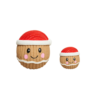 Two cute ccookie-shaped plush toys with red Santa hats, one large and one small, on a plain white background.