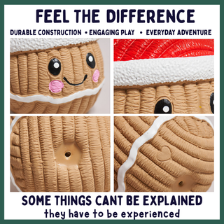 A four-panel product collage showing a cute ball sensory toy with a smiling face, red Santa hat, textured tan body, white icing lines, and a round opening. Text at the top reads 'FEEL THE DIFFERENCE' and text at the bottom reads 'SOME THINGS CAN'T BE EXPLAINED they have to be experienced'.