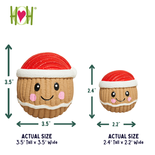 A product size diagram showing a  cookie shaped decorative item in two sizes with measurement arrows and labels. The item has a red Santa hat, white trim, pink cheeks, and a tan woven body.