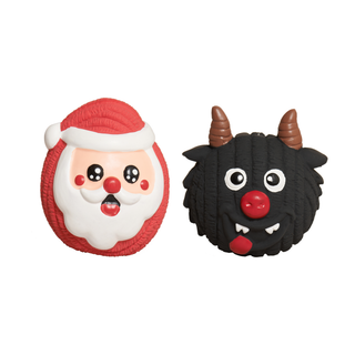 Two small novelty figurines or ornaments on a plain white background: one Santa Claus face in red and white, and one black furry monster face with brown horns and a red nose.