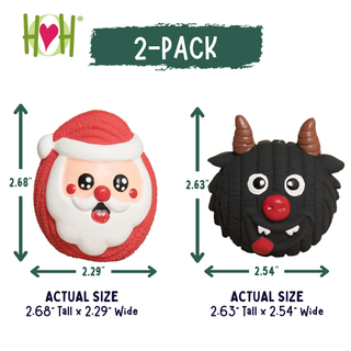 A 2-pack of squishy Christmas-themed face toys shown with dimensions. On the left is a Santa Claus face toy, and on the right is a black furry monster face toy with brown horns and a red nose.