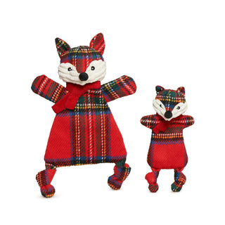 Jolly Jax Fox dog toy in both sizes with red plaid scarf, flat HuggleFlattie body, crinkle effects, and internal squeaker